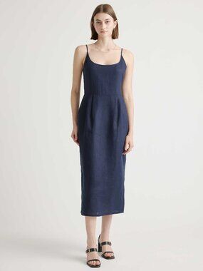 Quince European Linen Scoop Neck Midi Dress Navy XL Sleeveless Pockets